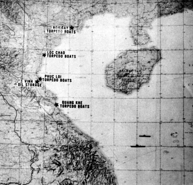 Map: Map showing the targets of “Operation Pierce Arrow” on 5 August 1964