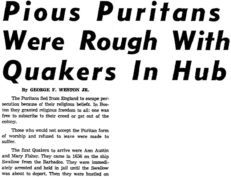 An article about the Quakers, Boston Traveler newspaper article 5 September 1958