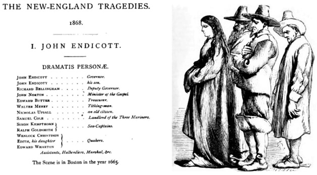 Illustration: from “The New-England Tragedies” by Henry Wadsworth Longfellow, showing Quakers Wenlock Christison, his daughter Edith, and Edward Wharton being brought to see Governor John Endicott