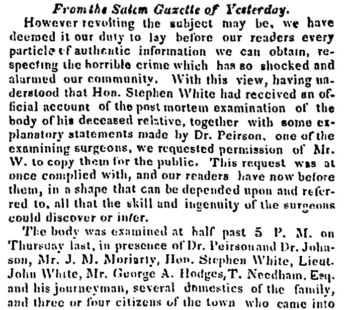 An article about the murder of Capt. Joseph White, Boston Commercial Gazette newspaper article 15 April 1830