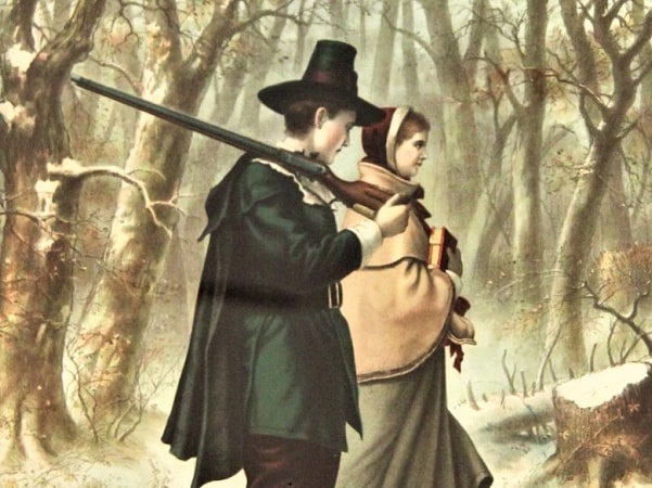 Illustration: "John Alden and Priscilla Wedded," McLoughlin Bros., 1903, hanging in the Richard Nixon Presidential Library and Museum in Yorba Linda, California. Courtesy of Tim Evanson.