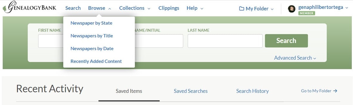 A screenshot of GenealogyBank showing the "Browse" drop-down menu
