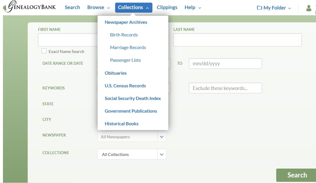 A screenshot of GenealogyBank showing the "Collections" drop-down menu