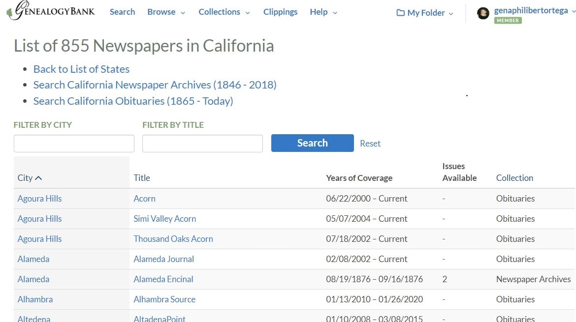 A screenshot of GenealogyBank showing the list of California newspapers