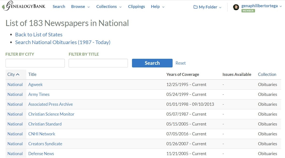 A screenshot of GenealogyBank showing the list of national recent obituary newspaper titles