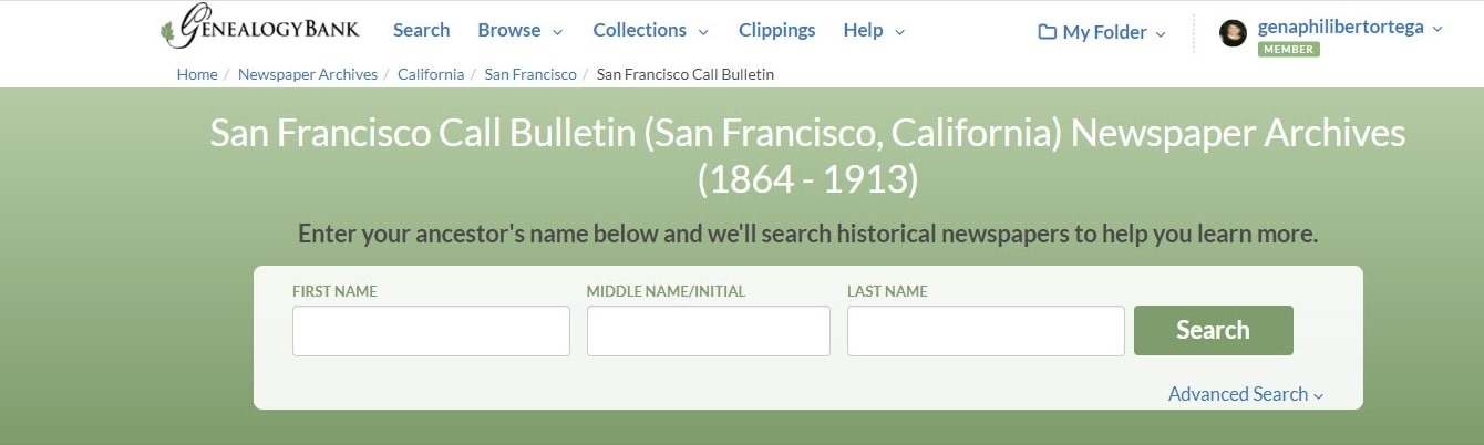 A screenshot of GenealogyBank showing the search engine for the San Francisco Call Bulletin newspaper