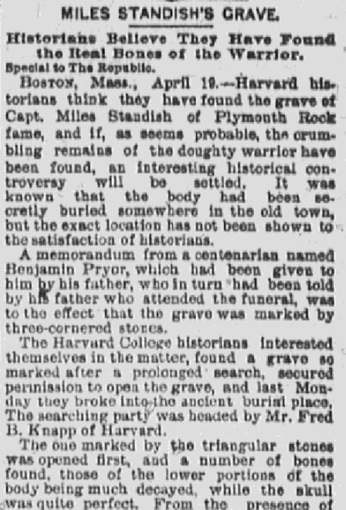 An article about the grave of Miles Standish, St. Louis Republic newspaper article 20 April 1889
