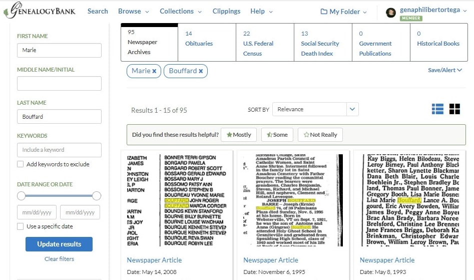 A screenshot of GenealogyBank showing the results for a search on Marie Bouffard