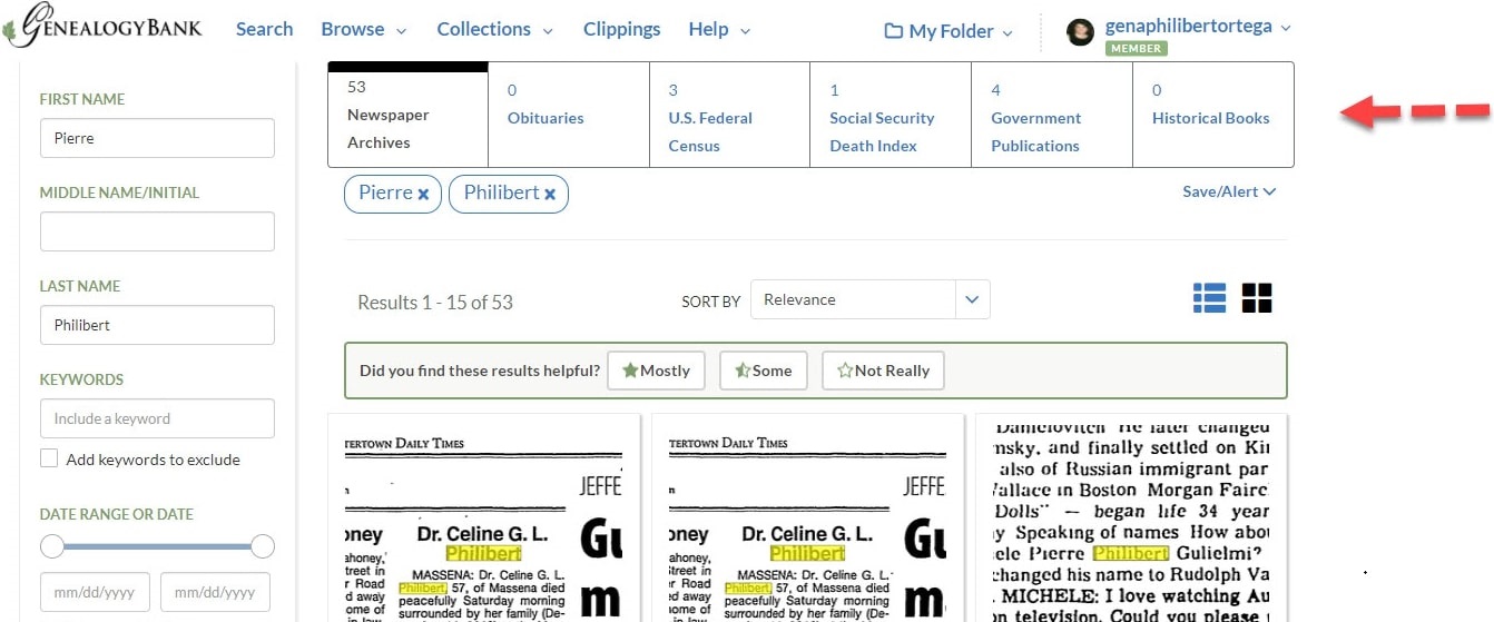 A screenshot of GenealogyBank showing the results for a search on Pierre Philibert