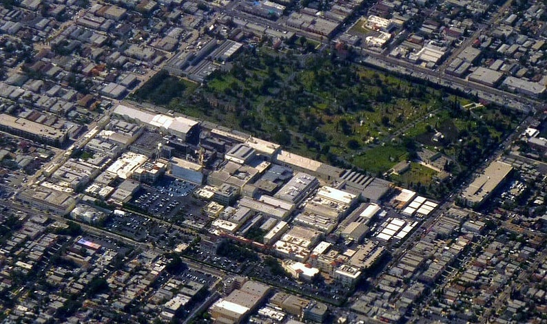 Photo: aerial view of Hollywood Forever Cemetery, which abuts Paramount Studios on its south end, Los Angeles, California