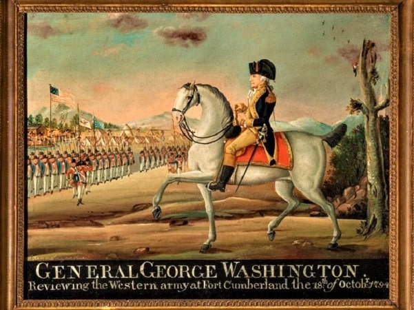 Illustration: "General George Washington Reviewing the Western Army at Fort Cumberland, the 18th of October 1794" Artist: Frederick Kemmelmeyr. Bequest of Henry Francis du Pont. Courtesy of Winterthur Museum, Winterthur, Delaware.