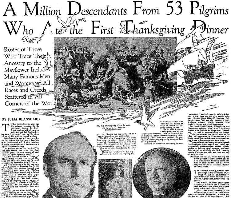 An article about the first Thanksgiving, Evansville Press newspaper article 20 November 1927