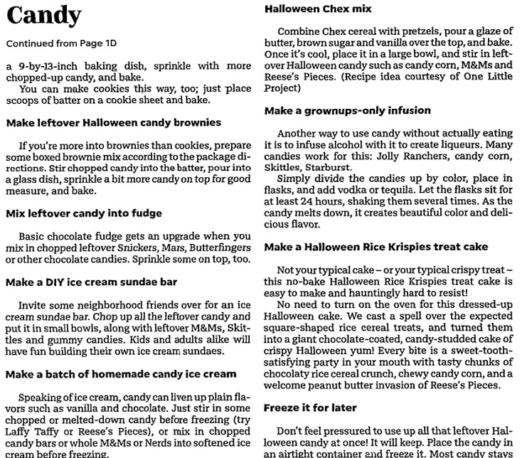 Recipes for using leftover Halloween candy, Naples Daily News newspaper article 31 October 2018