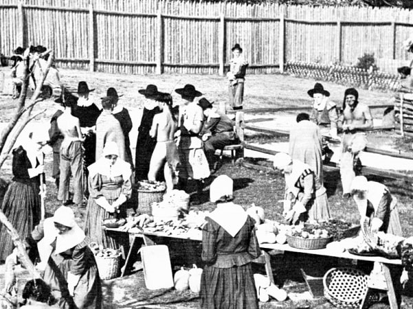 Photo: the first Thanksgiving reenactment at Plimoth Plantation, from "A Journal of the Pilgrims at Plymouth; Mourt's Relation," by Dwight B. Heath. Credit: Library of Congress, Prints and Photographs Division.