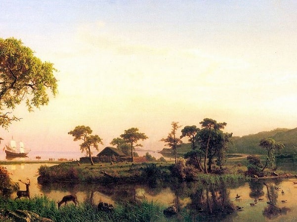 Illustration: "Gosnold at Cuttyhunk, 1602" by Albert Bierstadt, 1858. Credit: New Bedford Whaling Museum; Wikimedia Commons.