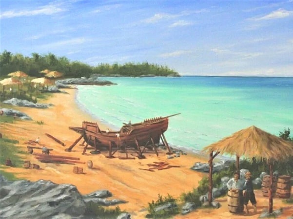 Illustration: rebuilding new ship from the timber and materials of the "Sea Venture" in Bermuda. Courtesy of the thebermudian.com