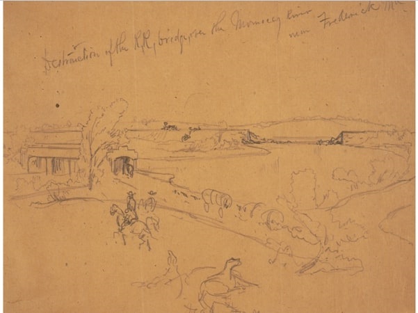 Illustration: "Destruction of the R.R. bridge, over the Monocacy River near Frederick, Md." Scene depicts damage caused by Confederate raid, 9 July 1864. Credit: Alfred R. Waud, 1828-1891, artist; Library of Congress, Prints and Photographs Division.