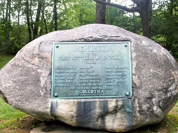 Photo: the Golgotha Monument, located next to 52 Macy Street, Amesbury, Massachusetts, which was the burial ground of Amesbury’s first settlers. Courtesy of Pam Carter of My Maine History.