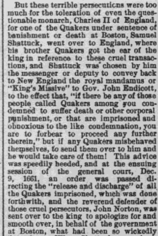 An article about Quaker persecution in Colonial America, Worcester Daily Spy newspaper 20 September 1884