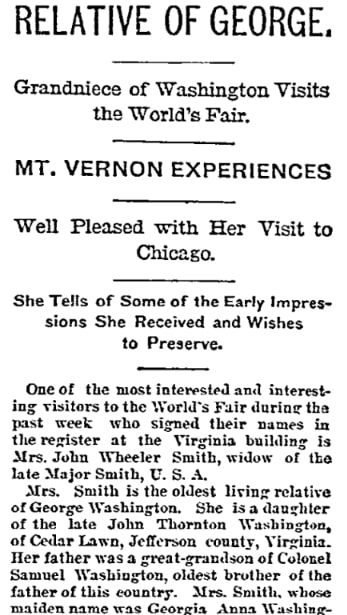 An article about the Washington family line, Daily Inter Ocean newspaper 16 September 1893