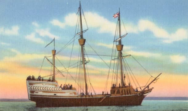 Illustration: this replica of Arbella was built in 1930 for the 300th anniversary of the Winthrop Fleet’s arrival at Salem on 12 June 1630. Credit: the Tichnor Brothers Collection, Boston Public Library, Print Department.