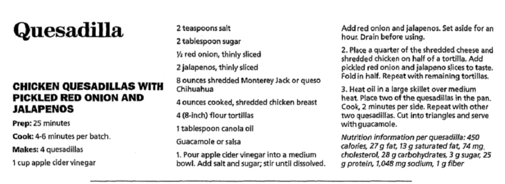 A quesadilla recipe, Times Record News newspaper 26 April 2017