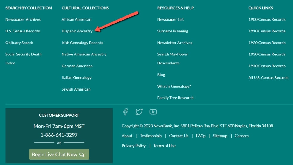 A screenshot of the bottom of GenealogyBank's homepage showing links