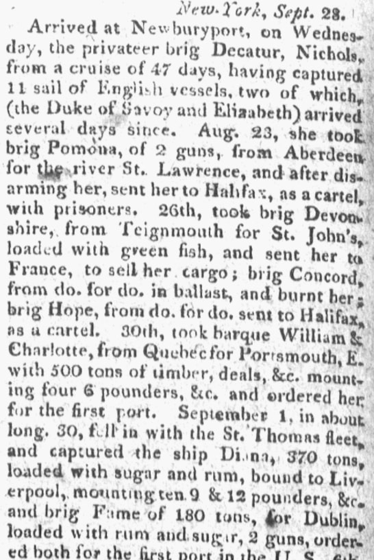 An article about Capt. William Nichols, New Jersey Journal newspaper 6 October 1812