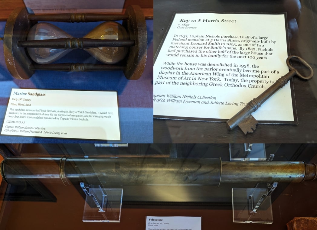 Photo: items owned by Capt. Nichols: (top left) marine sandglass; (top right) key to his home on 5 Harris Street, Newburyport, Massachusetts; (bottom) telescope used on his voyages. In the collection of the Custom House Maritime Museum, (CHMM), Newburyport, donated by descendants Dr. G. William Freeman and Juliet Loring Trust. Courtesy of Kevin MacDonald and the CHMM.