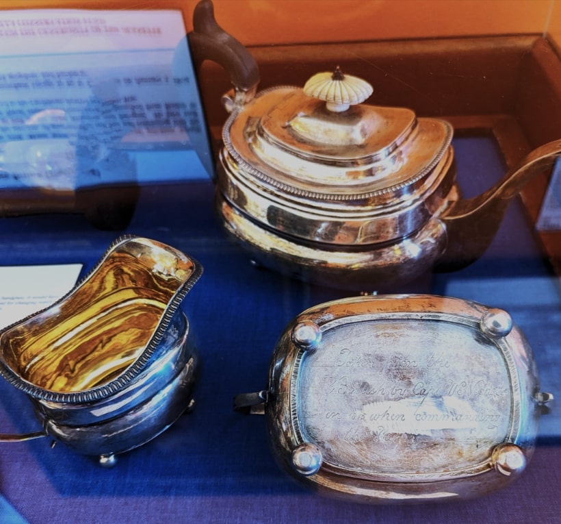 Photo: a silver tea set captured by Capt. Nichols during the War of 1812. Courtesy of Kevin MacDonald and the Custom House Maritime Museum.
