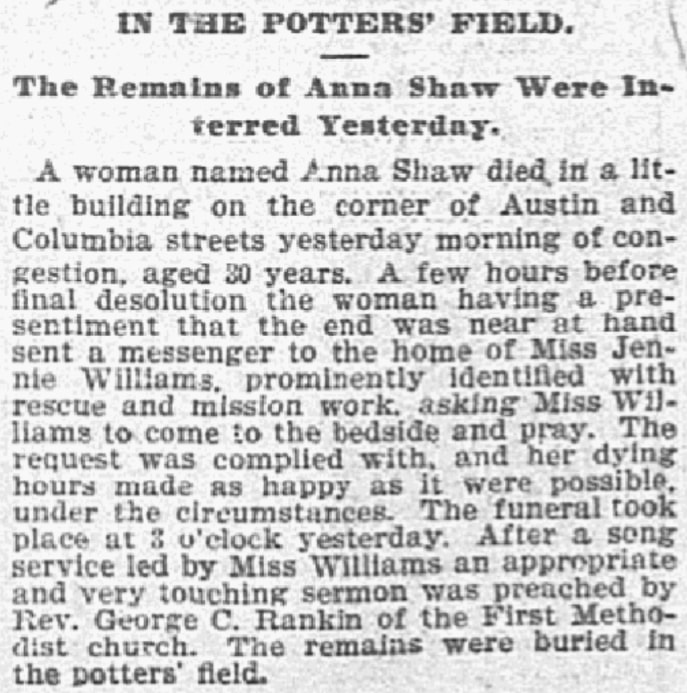 An article about Anna Shaw, Dallas Morning News newspaper 29 July 1897