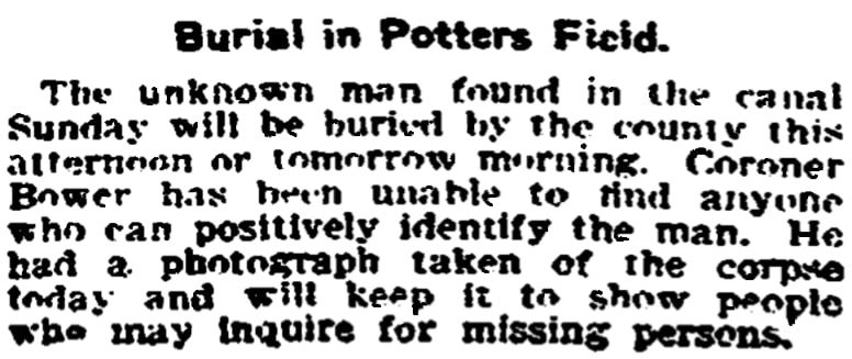 An article about a potter's field, Trenton Evening Times newspaper article 22 November 1905