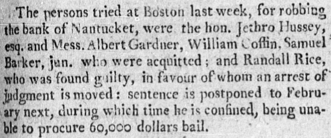 An article about the Nantucket Bank robbery, Bee newspaper 20 September 1797