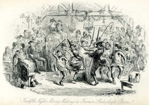 Illustration: “Twelfth Night Merry-Making in Farmer Shakeshaft’s Barn,” from Ainsworth’s “Mervyn Clitheroe,” by Phiz, c. 1850. Credit: Wikimedia Commons.