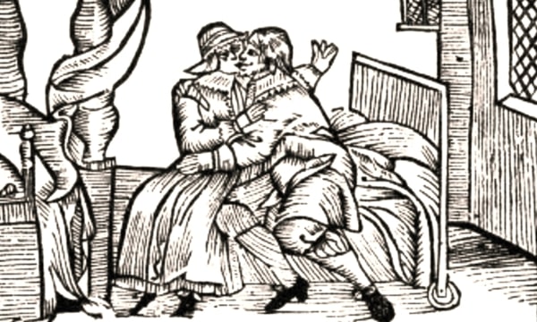 Illustration: image of couple kissing from “Puritan Laws on Sexual Misconduct.” Credit: Barbara Sardudy.
