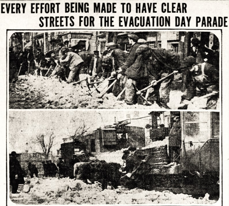 Photos: men clearing snow for the parade. Credit: from the James M. Curley Scrapbook Collection, Boston Public Archives.