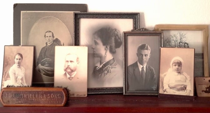 Photo: Luitwieler family photos (front row): wooden brush engraved with J. G. Luitwieler & Sons, Rochester, New York, Established 1860; (2nd row, left to right): Mabel Eloise Luitwieler (1870-1922) daughter of Samuel Woods Luitwieler and Sophia Charlotte Maurer, Samuel Henry Luitwieler (1905-1981) son of George Chichester Luitwieler and Mary Estelle Dillingham, Adelaide Blossom Luitwieler (1882-1964) daughter of Samuel Woods Luitwieler and Sophia Charlotte Maurer; (back row, left to right): Samuel Woods Luitwieler (1847-1931), his wife Sophia Charlotte Maurer Luitwieler (1849-1826), Thomas Jefferson Trent (1910-1996) and his wife Willia Winzola Ginn (1917-2000). Credit: Denise Bartholome, great granddaughter of Samuel Woods Luitwieler.
