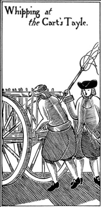 Illustration: whipping a prisoner tied to the tail end of a cart, from “Curious Punishments of Bygone Days,” by Alice Morse Earle, 1896, p. 71.