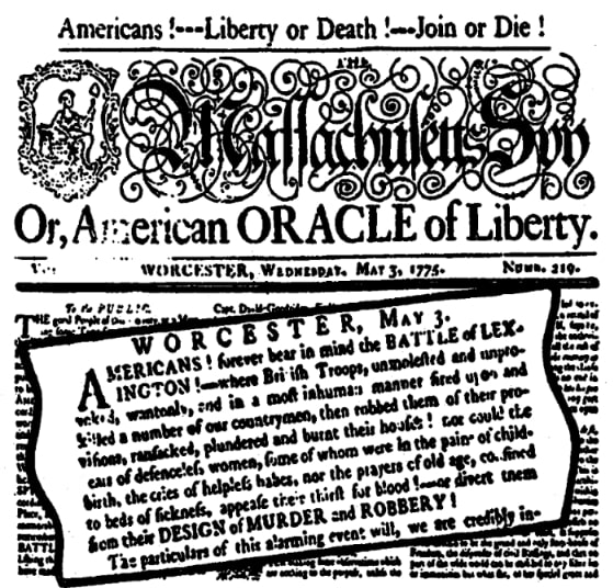 Masthead for the Massachusetts Spy newspaper 13 April 1975