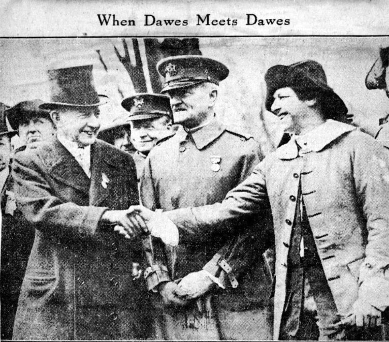 Photo (from left to right): Charles Gates Dawes, John J. “Black Jack” Pershing, and Harold Isaac Slocomb. Credit: James Michael Curley Scrapbook Archives and Special Collection, College of the Holy Cross.