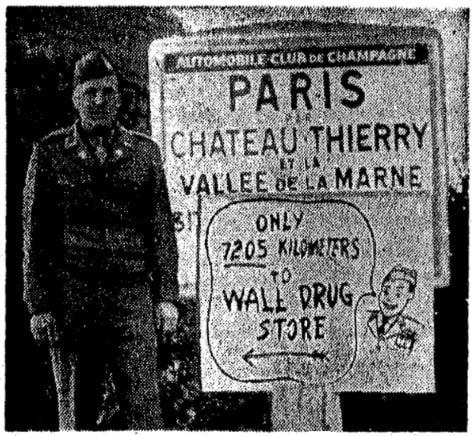 An article about Wall Drug Store, sign in Paris, France, Omaha World-Herald newspaper, 3 August 1947