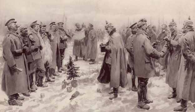 Illustration: soldiers from both sides (the British and the German) exchange cheerful conversation, an artist’s impression from “The Illustrated London News” of 9 January 1915: “British and German Soldiers Arm-in-Arm Exchanging Headgear: A Christmas Truce between Opposing Trenches.” Credit: Arthur Cadwgan Michael, “The Illustrated London News”; Wikimedia Commons.