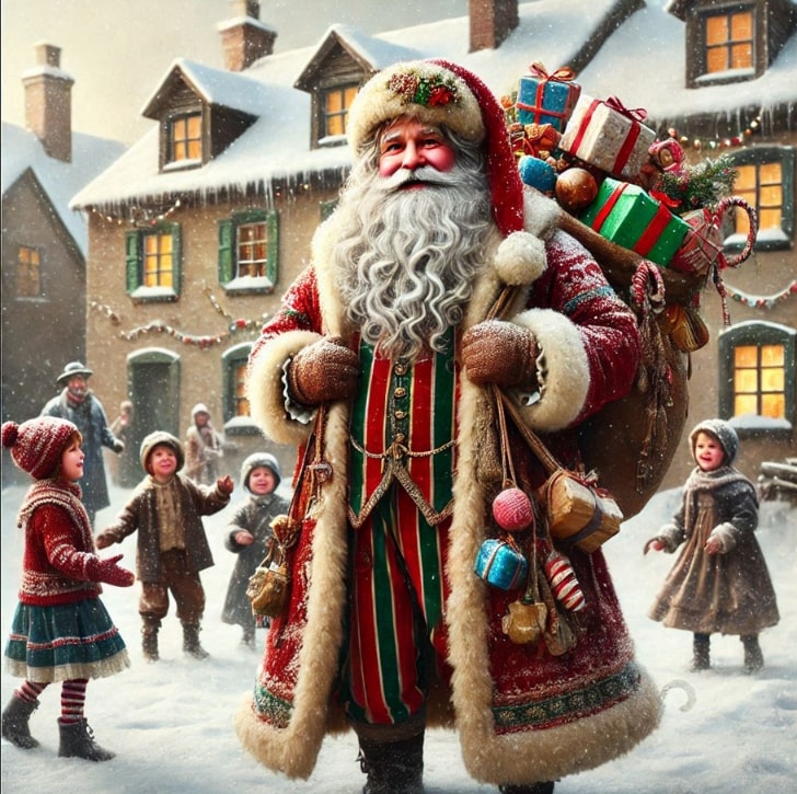 Illustration: Santa Claus with children. Credit: Melissa Davenport Berry.
