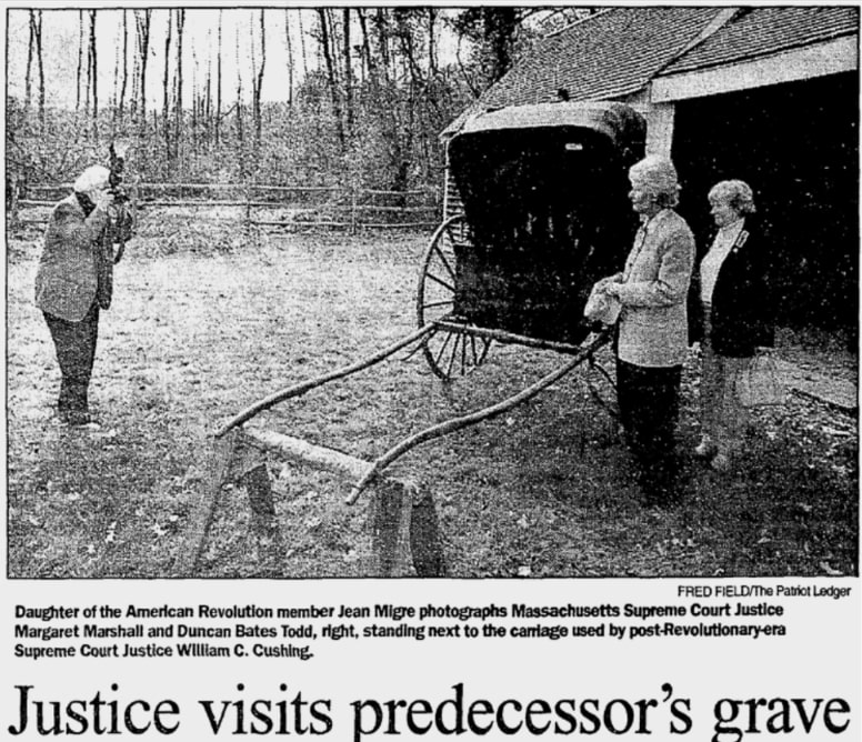An article about Chief Justice William Cushing with a photo of his carriage, Patriot Ledger newspaper 3 November 2000