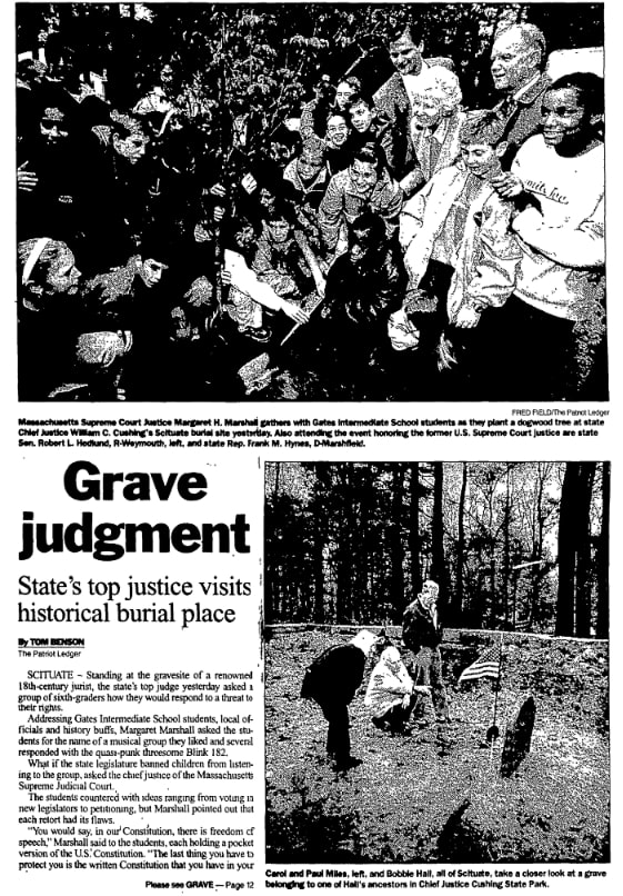 An article about Chief Justice William Cushing, Patriot Ledger newspaper 3 November 2000
