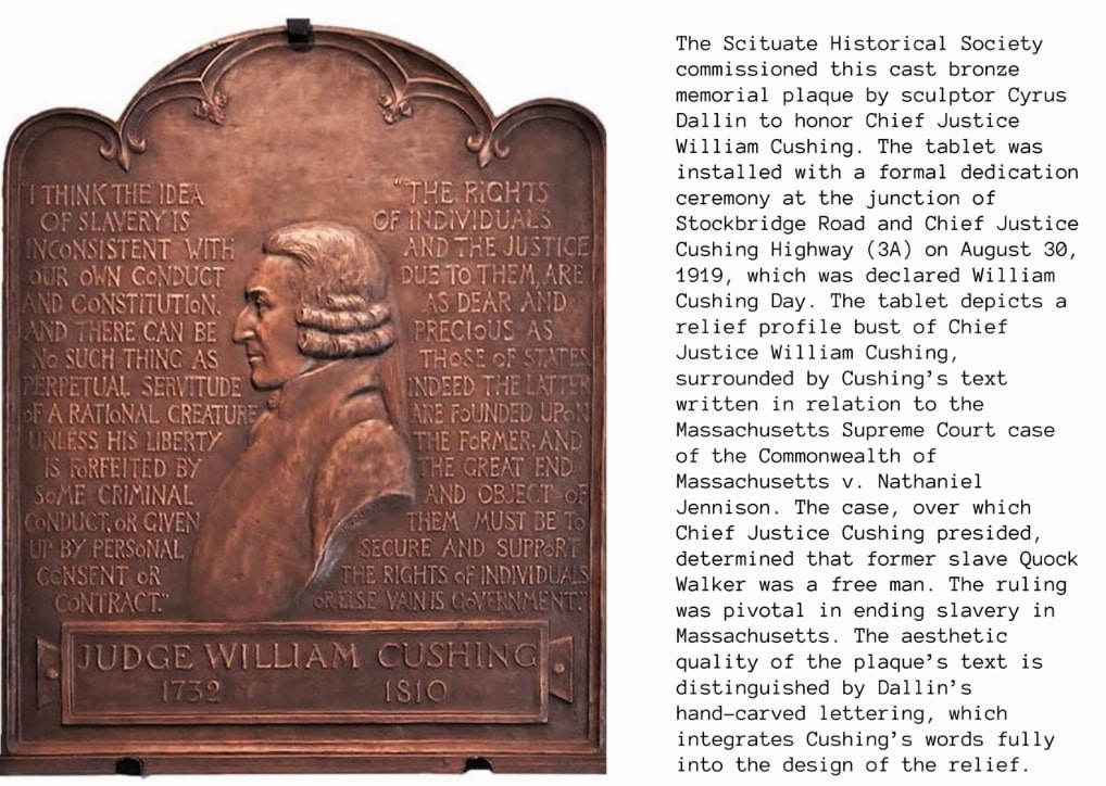 Photo: Chief Justice William Cushing bronze memorial tablet, by sculptor Cyrus Dallin, 1919. Credit: Scituate Historical Society.