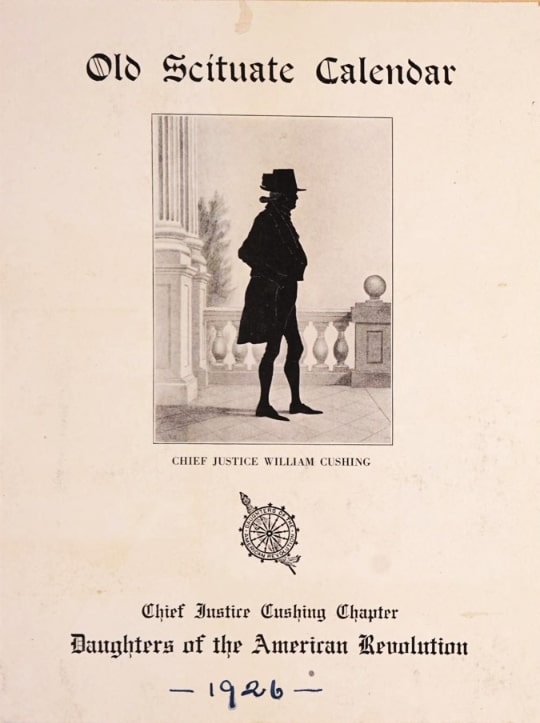 Photo: a 1926 pamphlet cover page from the Chief Justice Cushing Chapter, DAR, with a silhouette of Chief Justice William Cushing. Credit: Norwell Historical Society.