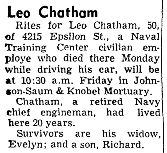 An obituary for Leo Chatham, Evening Tribune newspaper 30 March 1955