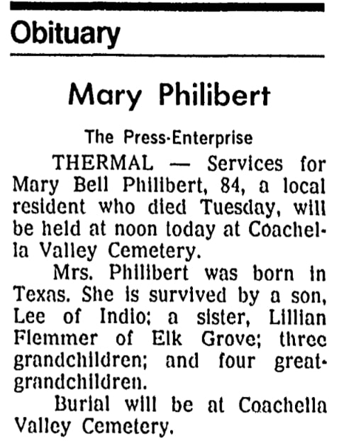 An obituary for Mary Philibert, Press-Enterprise newspaper 16 December 1988