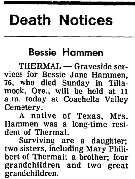 An obituary for Bessie Hammen, Riverside Independent newspaper 6 July 1979